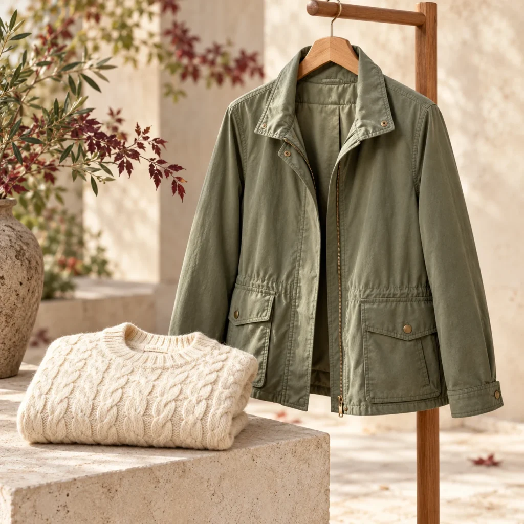 Olive utility jacket and cream cable-knit sweater
