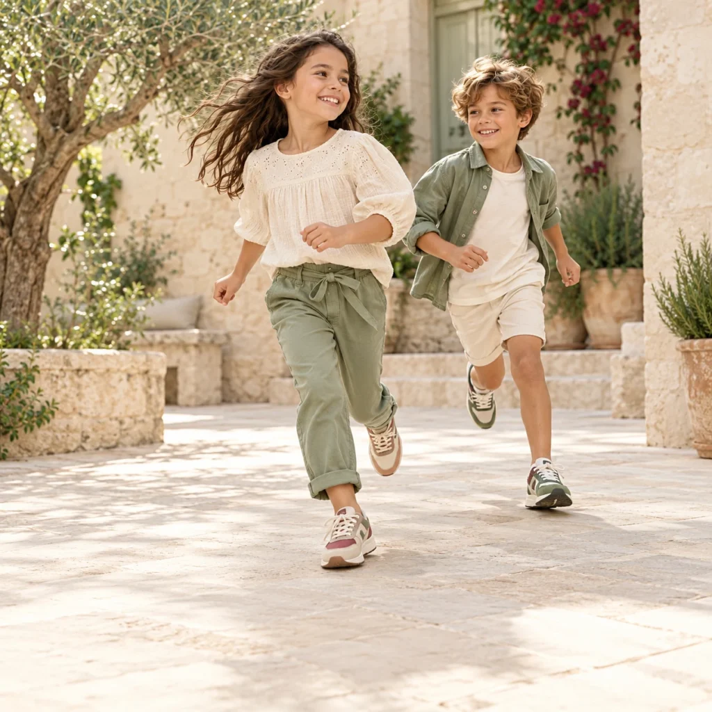Two kids running in sneakers and summer clothes — kids' collection at JJA Store