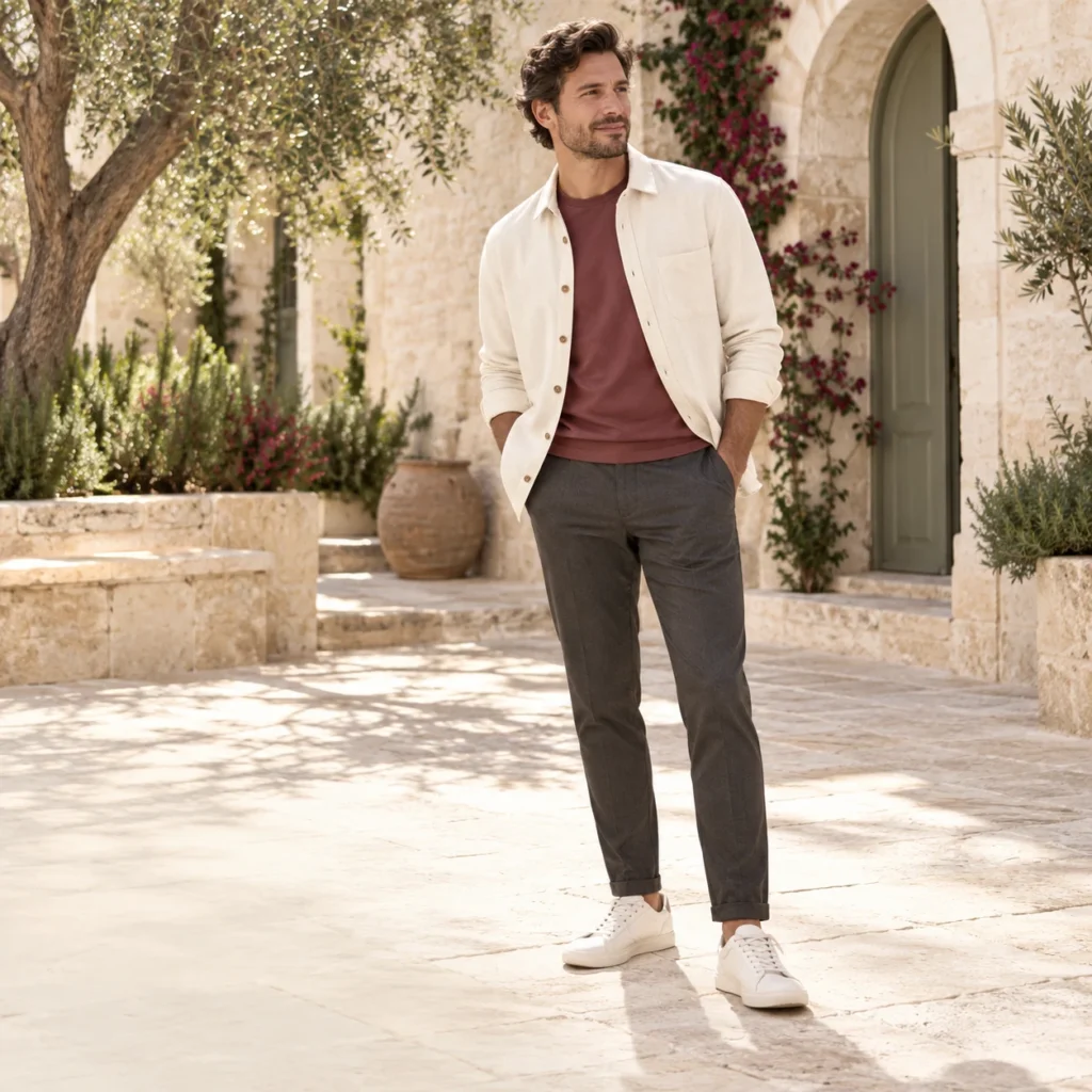 Man in a white overshirt and sneakers — men's fashion at JJA Store