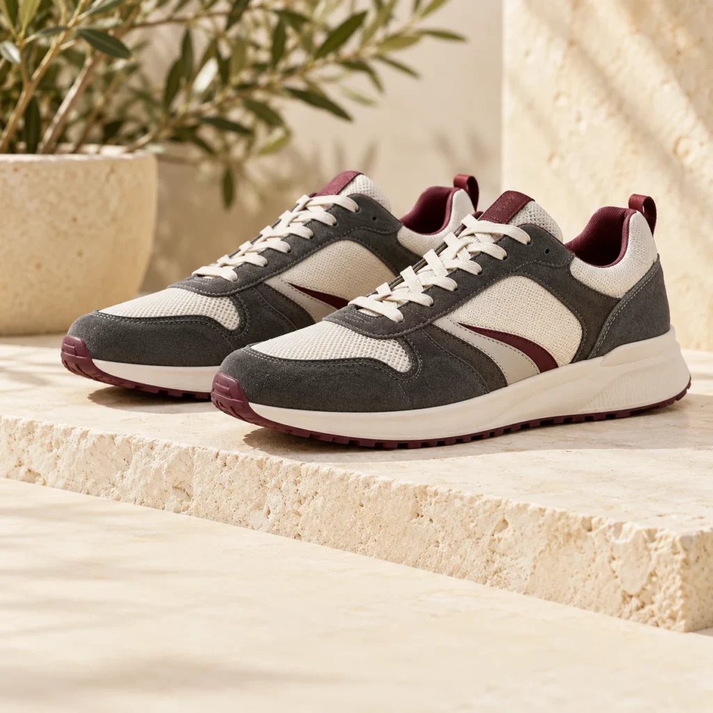 Men's grey and burgundy running sneakers on a stone step