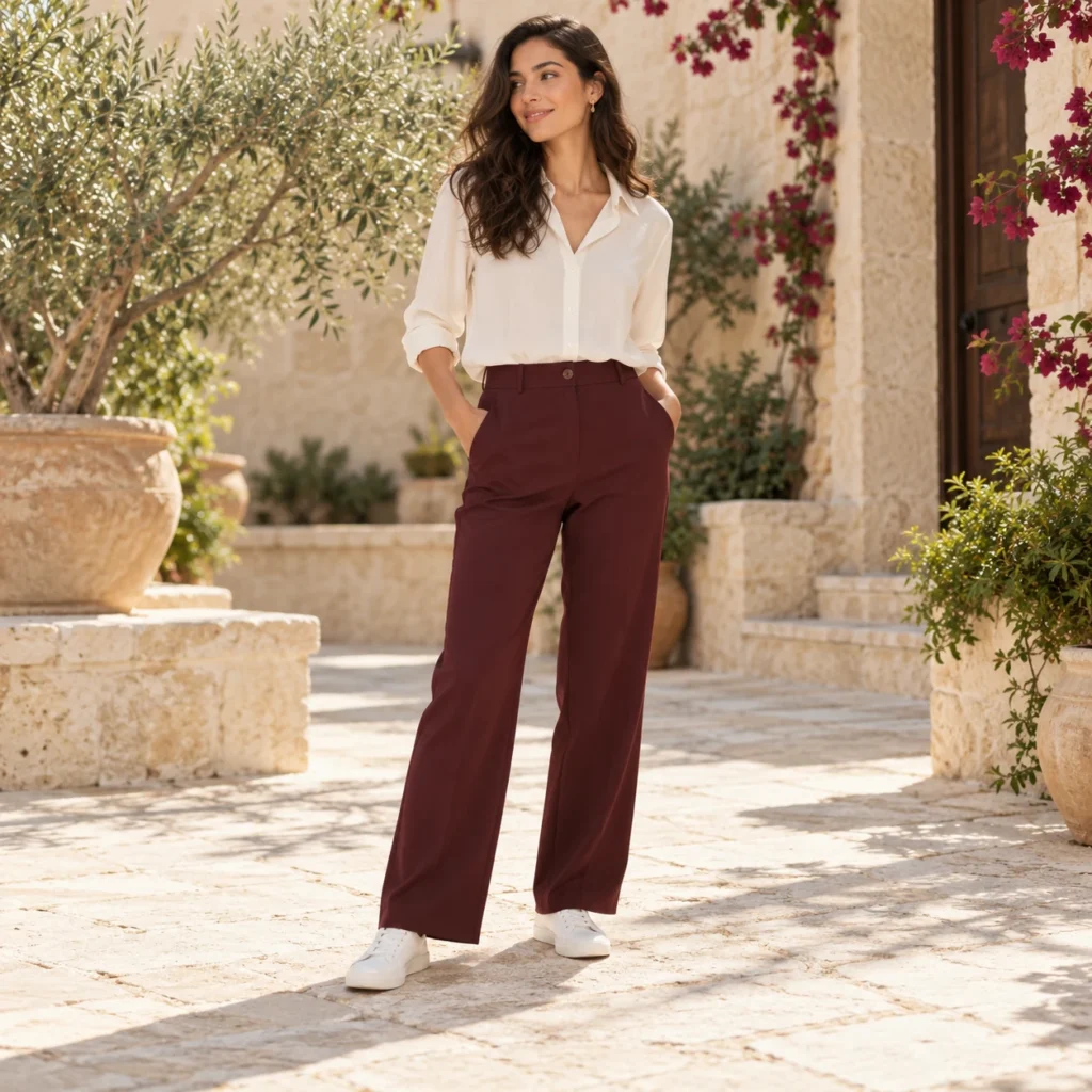 Woman in a cream blouse, burgundy trousers and white sneakers — women's fashion at JJA Store