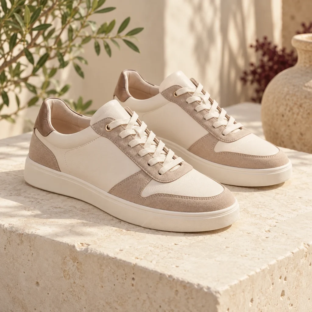 Women's cream and beige sneakers on a sunlit stone step